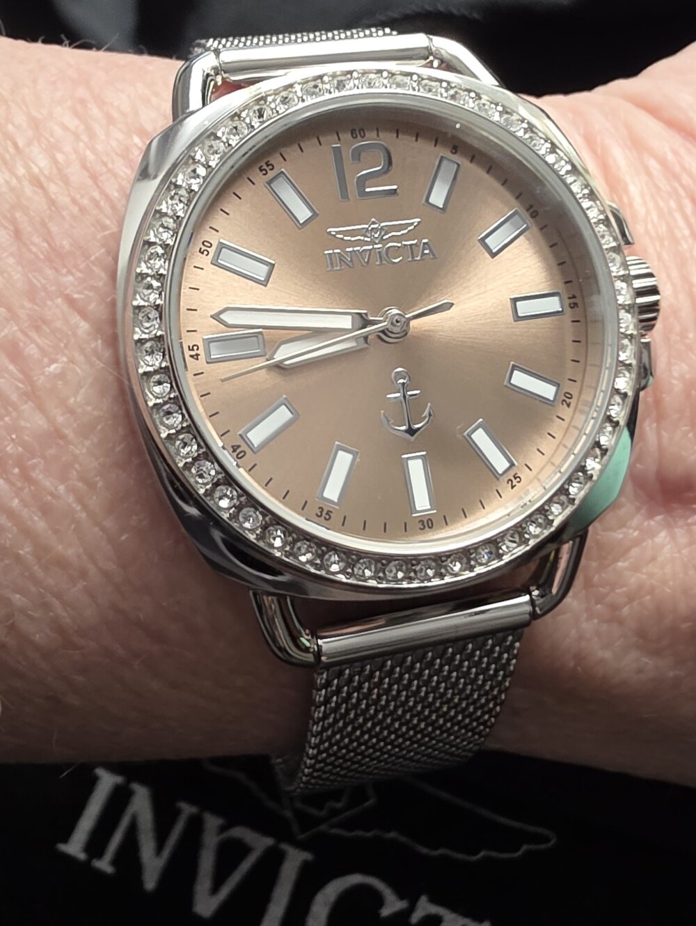 Invicta OCEAN VOYAGE Women's Silver Mesh Bracelet Watch with Champagne Dial